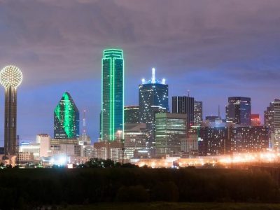 The unique lights and architectural design showcased here in Dallas Texas at dusk