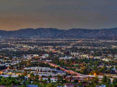 San Fernando Valley, Sunset, Dusk, Verdugo Hills,Panorama, Mulholland overlook; CA