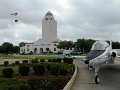 T-38 "White Rocket ' is on display in front of the 12th Flying Training Wing Headquarters ( Known as the Taj) on Randolph Air Force Base, Texas.  The T-38 was on display in celebration of the Freedom Flyers wreath laying ceremony, March 25. (U.S. Air Force Photo By Don Lindsey)